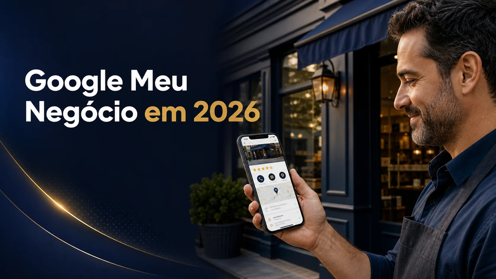 Empresário em frente ao estabelecimento consultando um perfil comercial e mapa no celular