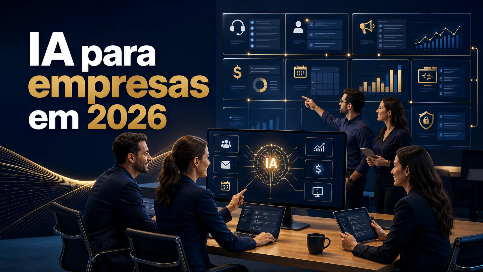 Equipe empresarial utilizando IA integrada a atendimento, vendas, finanças, agendamento, análise e segurança