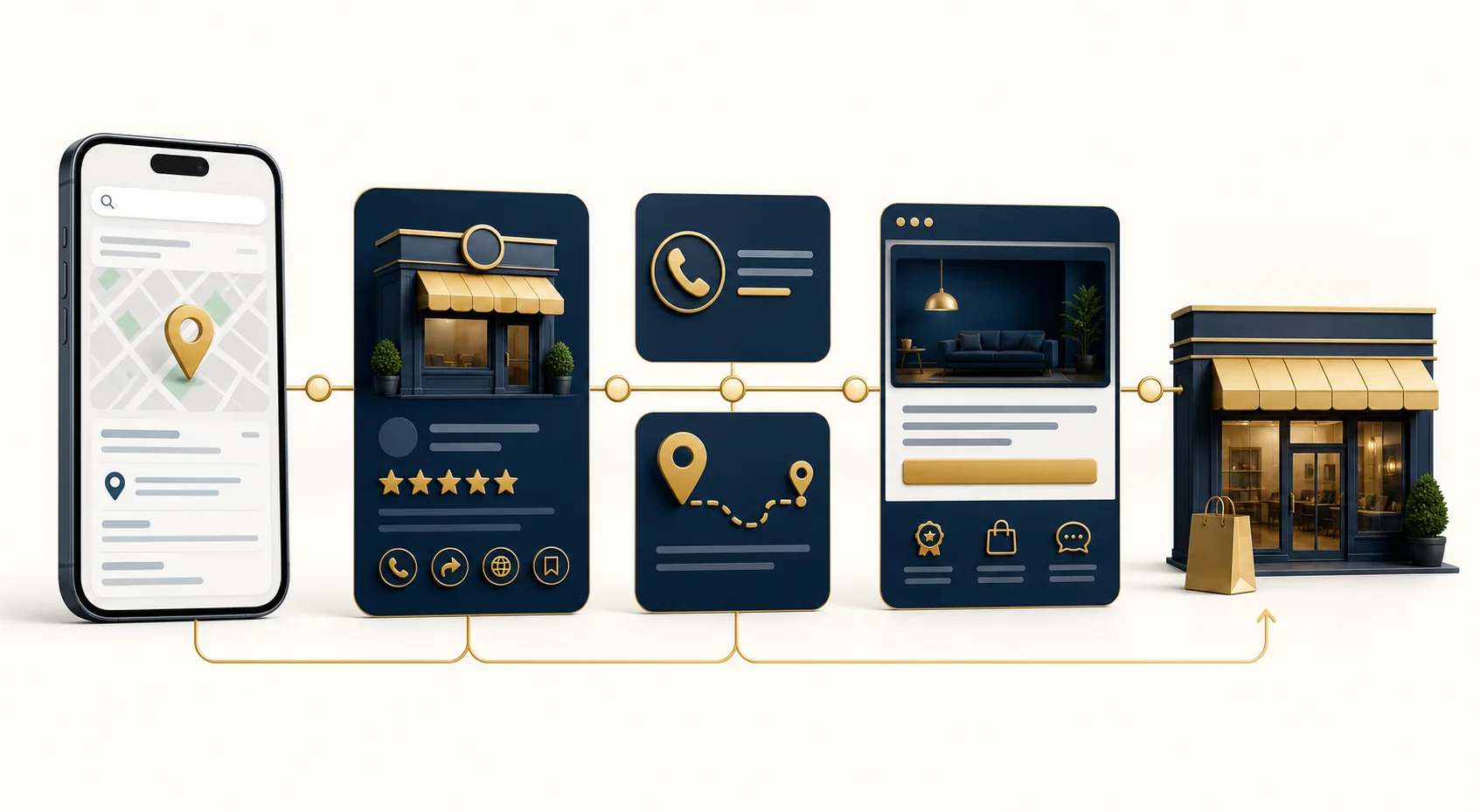 Jornada ilustrada da busca no celular até o perfil da empresa, ligação, rota, site e visita ao estabelecimento